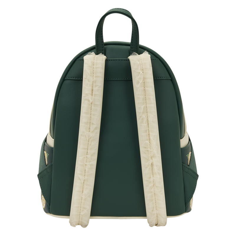 Green backpack with beige straps on a white background