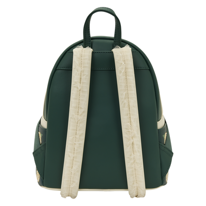 Green backpack with beige straps on a white background