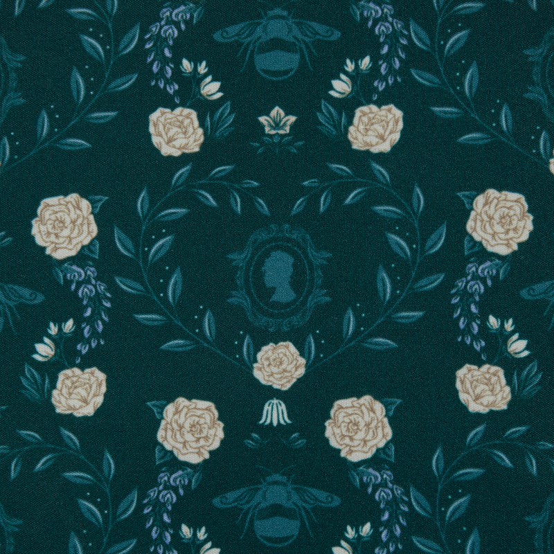 Patterned fabric with flowers and bees on a dark green background