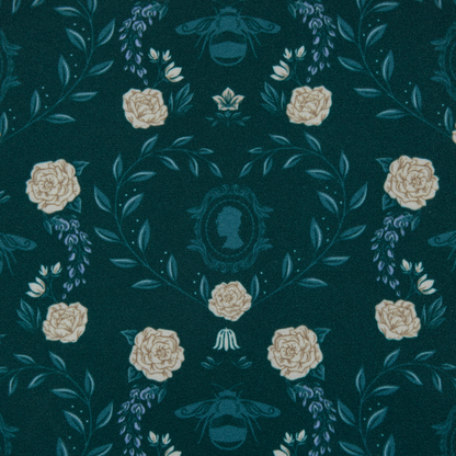 Patterned fabric with flowers and bees on a dark green background