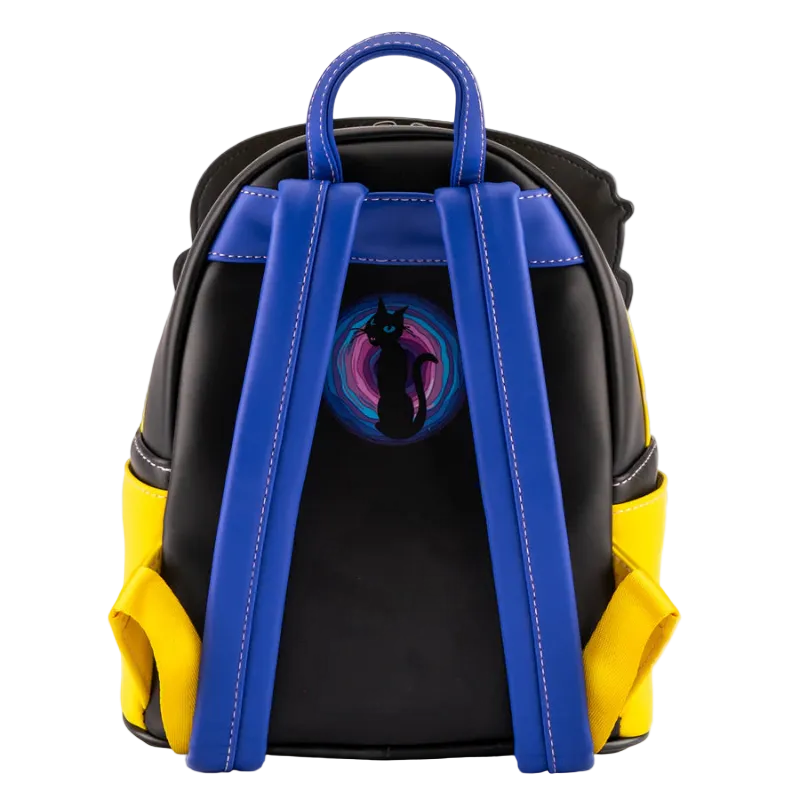 Black backpack with blue straps and a colorful circular design on a white background