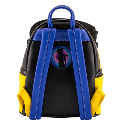 Black backpack with blue straps and a colorful circular design on a white background