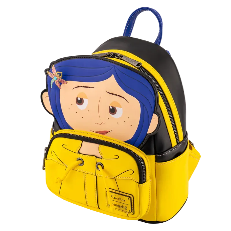 Yellow backpack with cartoon character face on a white background