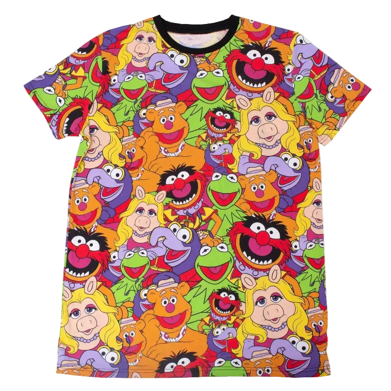 Colorful t-shirt with a pattern of cartoon characters on a white background