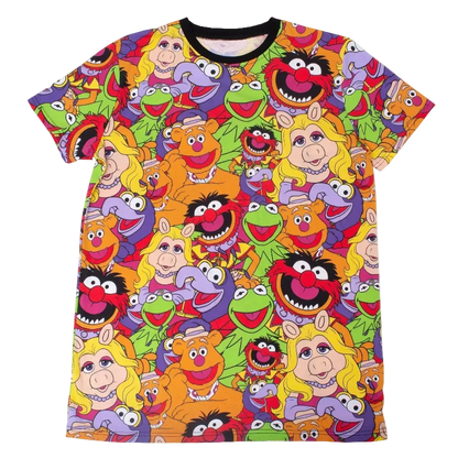 Colorful t-shirt with a pattern of cartoon characters on a white background