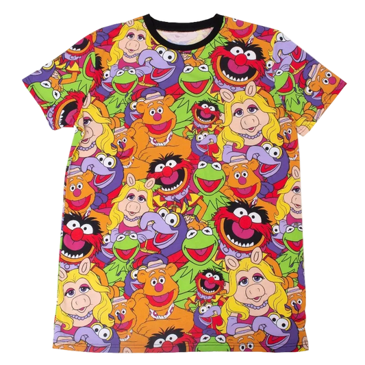 Colorful t-shirt with a pattern of cartoon characters on a white background