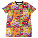 Colorful t-shirt with a pattern of cartoon characters on a white background