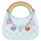 Children's handbag with rainbow handle and character charms on a white background