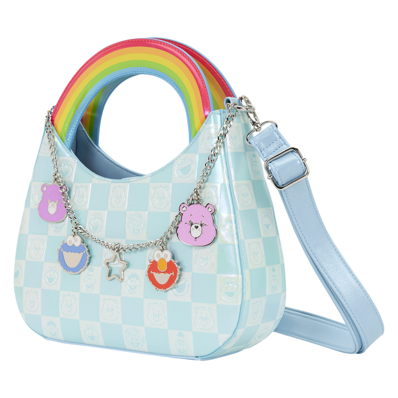 Children's handbag with rainbow handle and checkered pattern on a white background