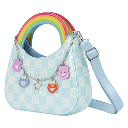 Children's handbag with rainbow handle and checkered pattern on a white background