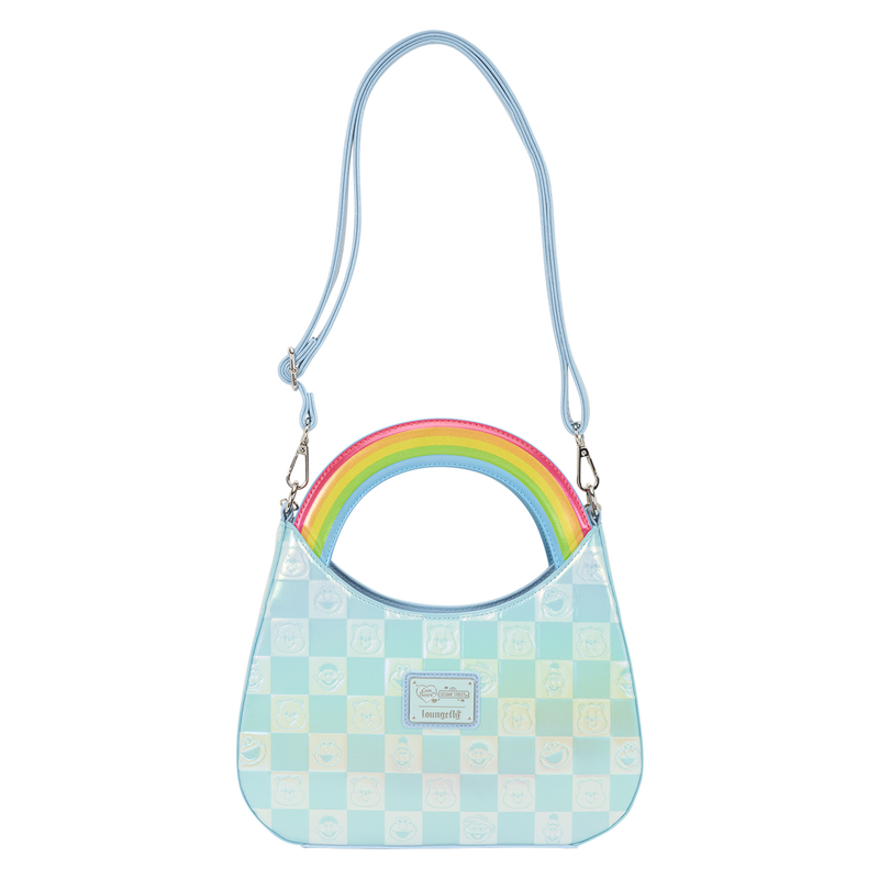 Checkered handbag with a rainbow handle on a white background
