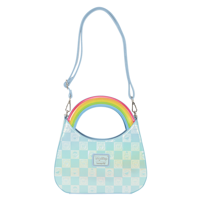 Checkered handbag with a rainbow handle on a white background