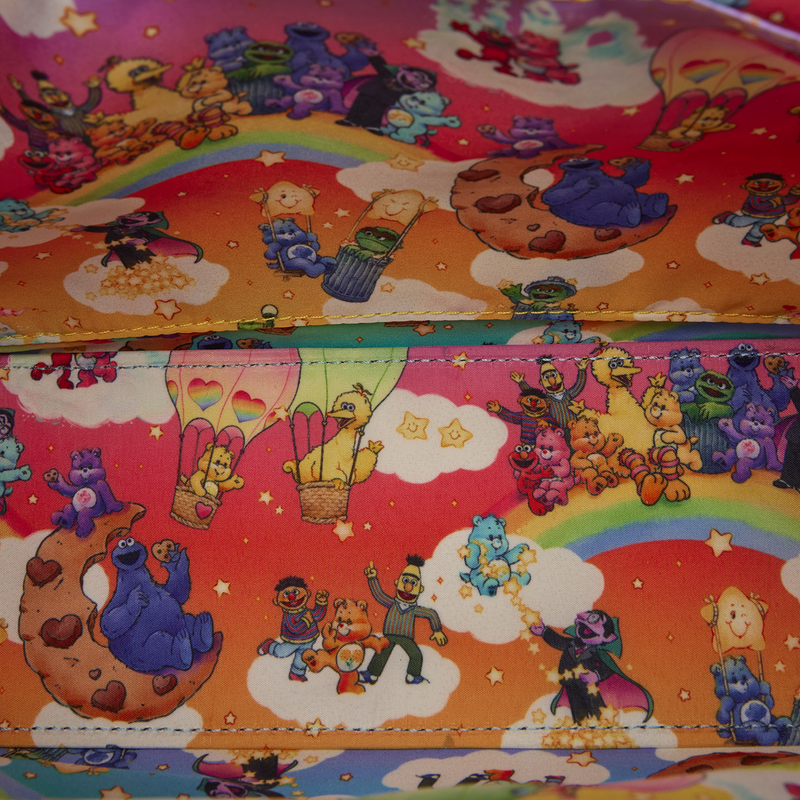 Colorful children's toy box with cartoon characters on a rainbow background