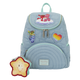 Light blue backpack with cartoon character patches and a matching star-shaped pouch on a white background