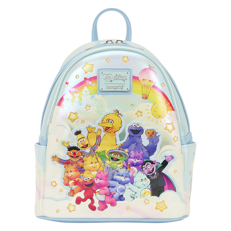 Backpack with colorful Sesame Street character design on a white background