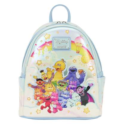 Backpack with colorful Sesame Street character design on a white background