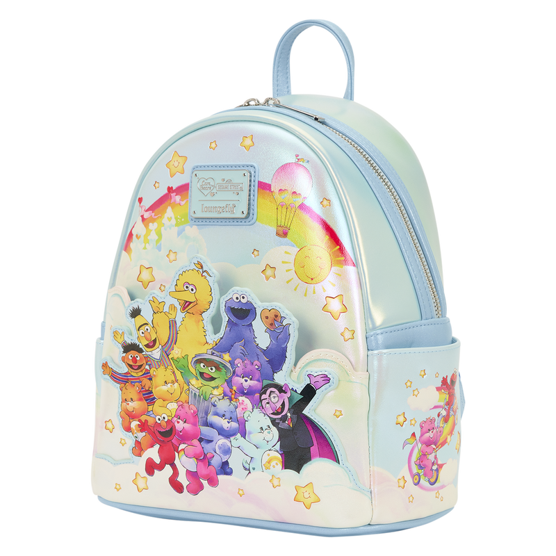 Backpack with colorful Sesame Street character design on a white background