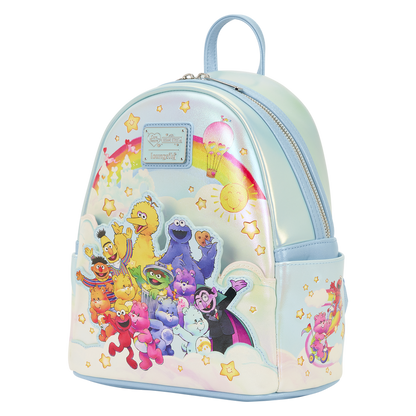 Backpack with colorful Sesame Street character design on a white background