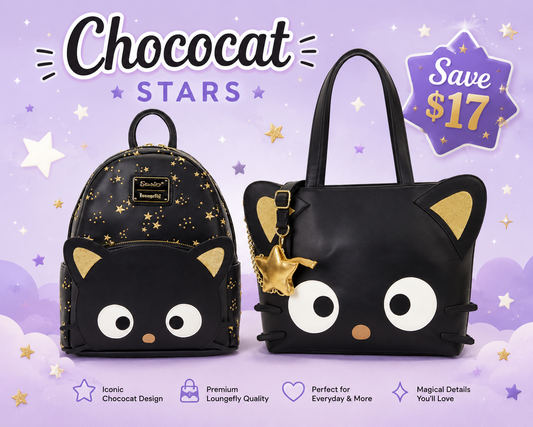 Two black cat-shaped bags with gold accents on a purple background, featuring the brand 'Chococat'.