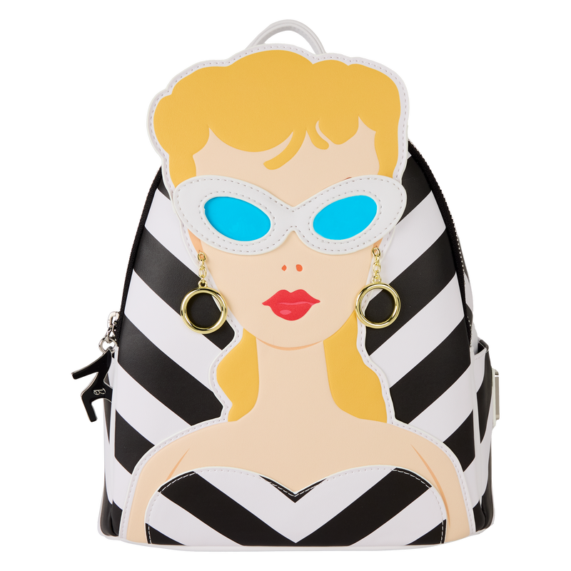 Backpack with a stylized face design featuring sunglasses and earrings on a white background