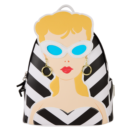 Backpack with a stylized face design featuring sunglasses and earrings on a white background