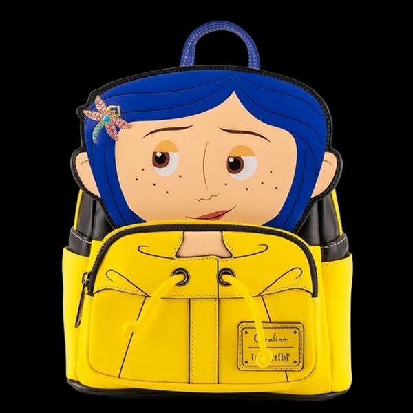 A mini backpack featuring a cartoon character with blue hair and a yellow raincoat, shown on a plain white background. The backpack itself is bright yellow with black trim and a blue top handle.