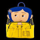 A mini backpack featuring a cartoon character with blue hair and a yellow raincoat, shown on a plain white background. The backpack itself is bright yellow with black trim and a blue top handle.