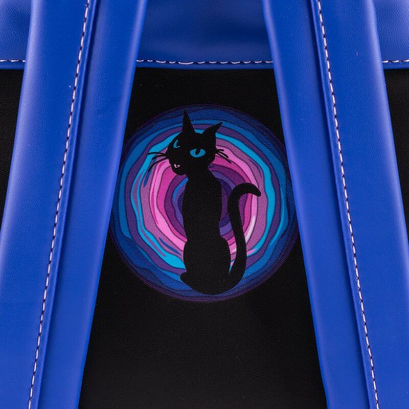 A close-up of a blue leather bag featuring a black cat silhouette printed over a circular swirl pattern of pink, purple, and blue concentric rings on a black panel.