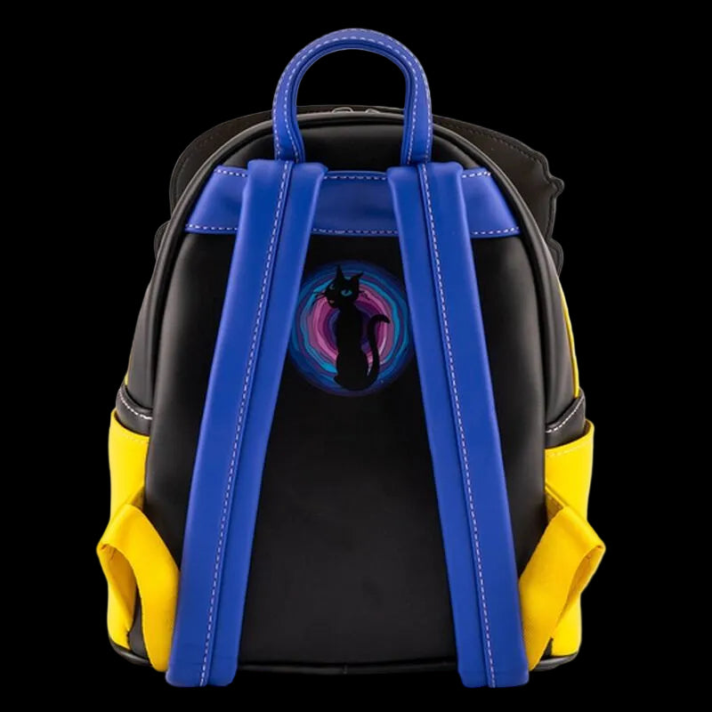 Black backpack with blue straps and a colorful design on the back on a white background