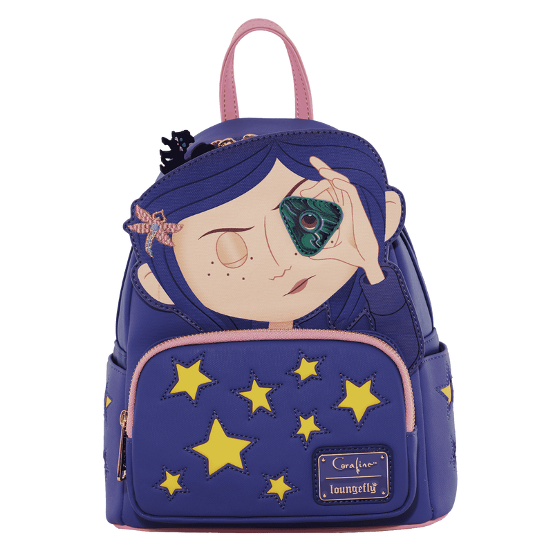 Backpack with a design of a girl holding a leaf and stars on a white background
