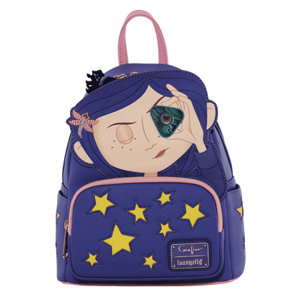 Backpack with a design of a girl holding a leaf and stars on a white background
