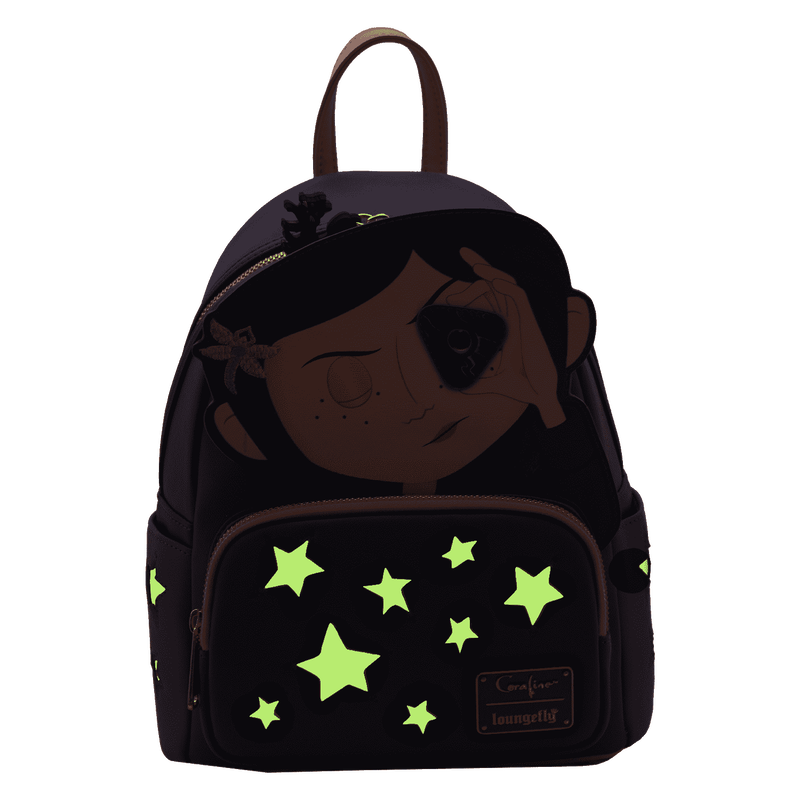 Black backpack with a character design and green stars on a white background