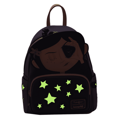 Black backpack with a character design and green stars on a white background