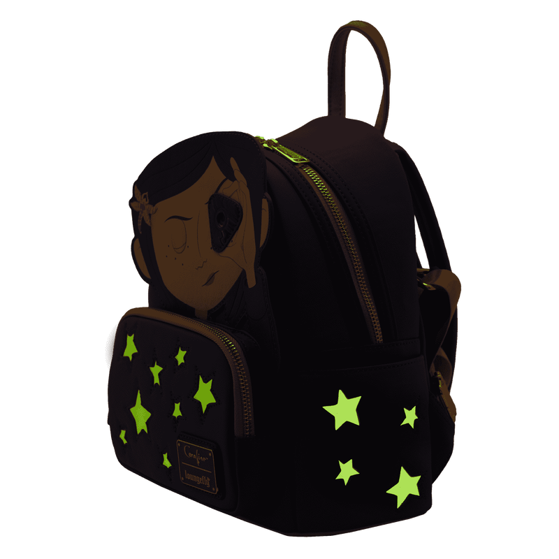 Black backpack with green star patterns on a white background