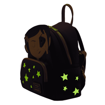 Black backpack with green star patterns on a white background