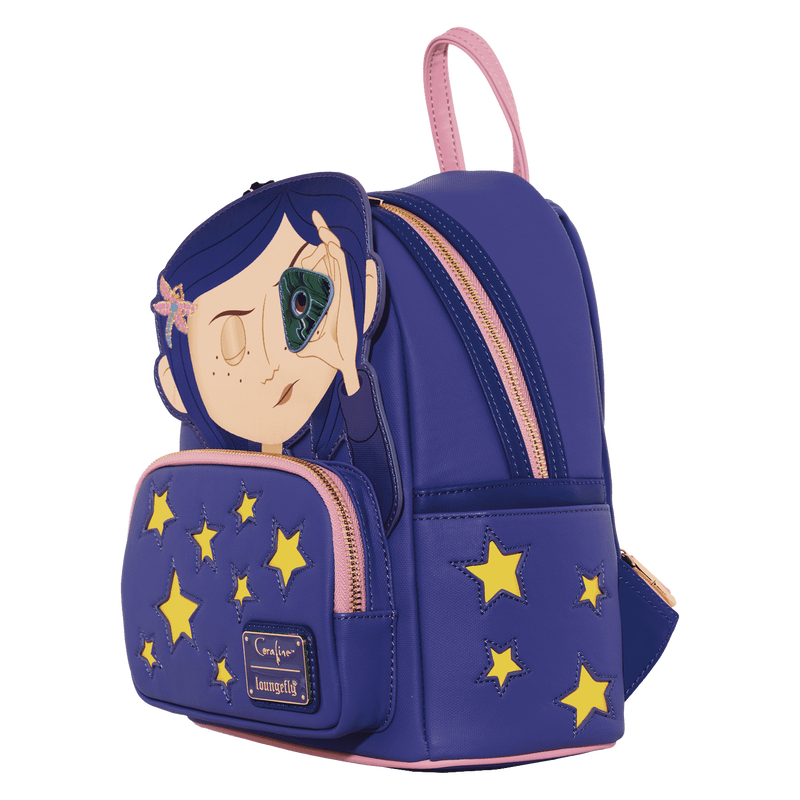 Blue backpack with star patterns and a character design on a white background
