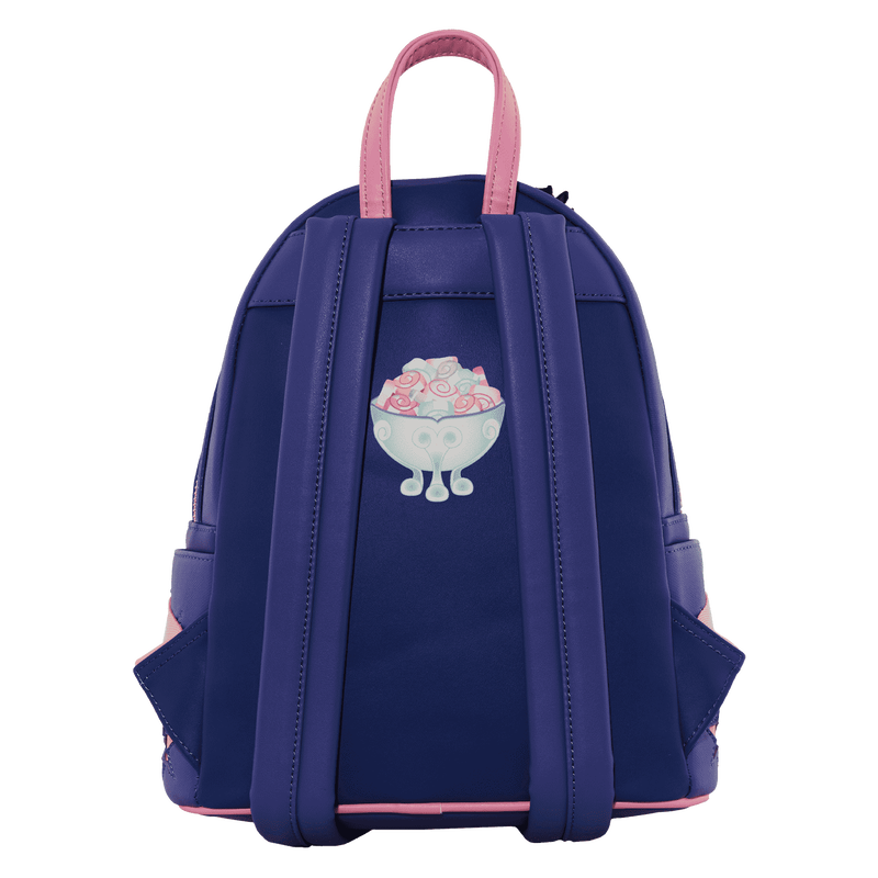 Navy blue backpack with pink handle and straps, featuring a cartoon character design on the back.