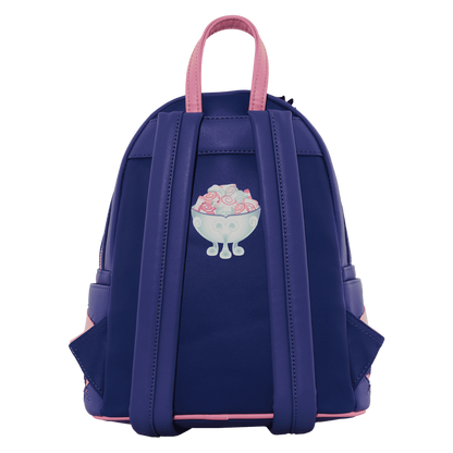 Navy blue backpack with pink handle and straps, featuring a cartoon character design on the back.