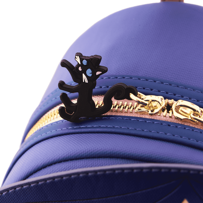 Blue bag with a black cat-shaped zipper pull on a white background