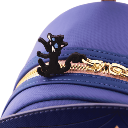 Blue bag with a black cat-shaped zipper pull on a white background