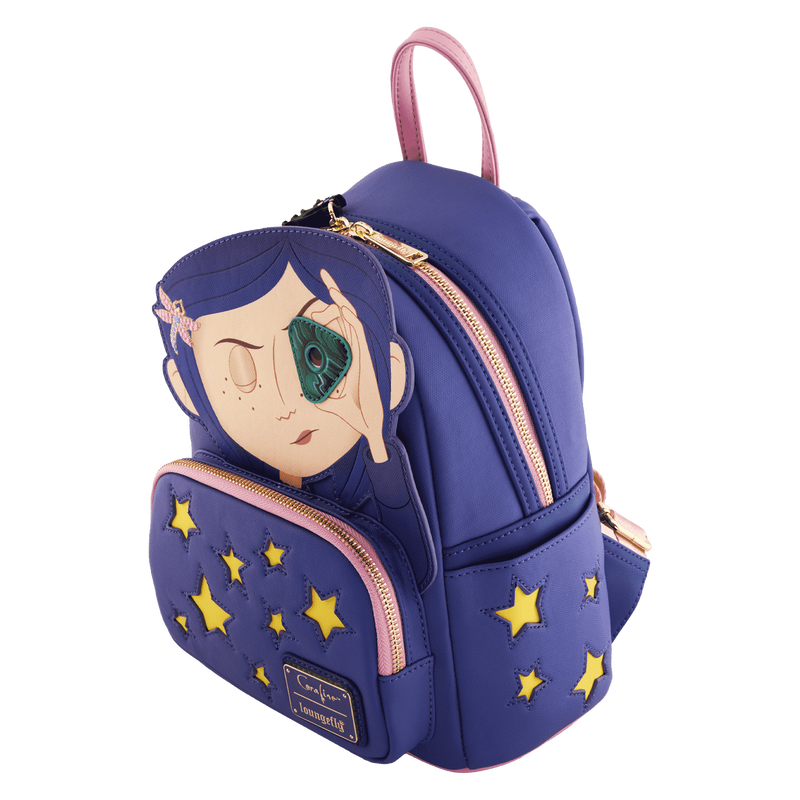 Blue backpack with star patterns and a character design on a white background