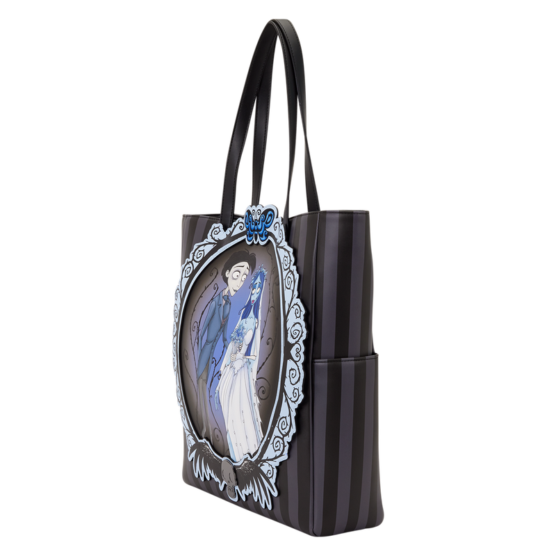 Black tote bag with decorative design on a white background