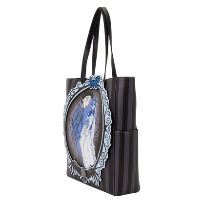 Black tote bag with decorative design on a white background