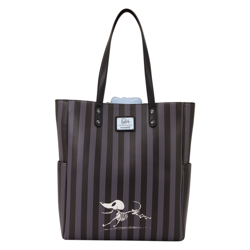 Black and white striped tote bag with a skeleton design on a white background