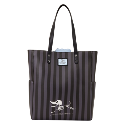 Black and white striped tote bag with a skeleton design on a white background