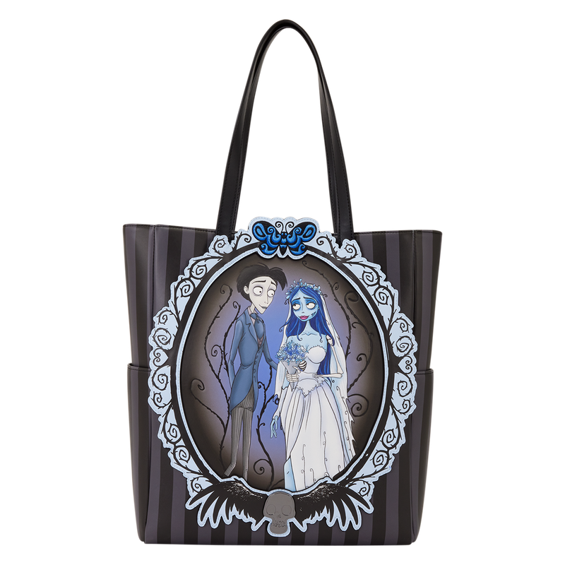 Tote bag with a design of a couple in a frame on a striped background