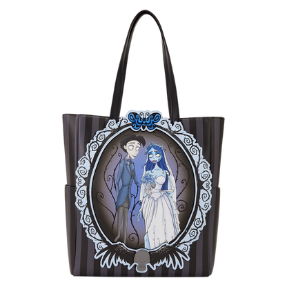 Tote bag with a design of a couple in a frame on a striped background