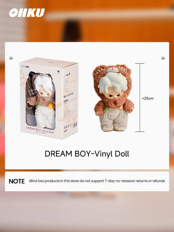 Dream Boy vinyl doll with packaging and dimensions displayed