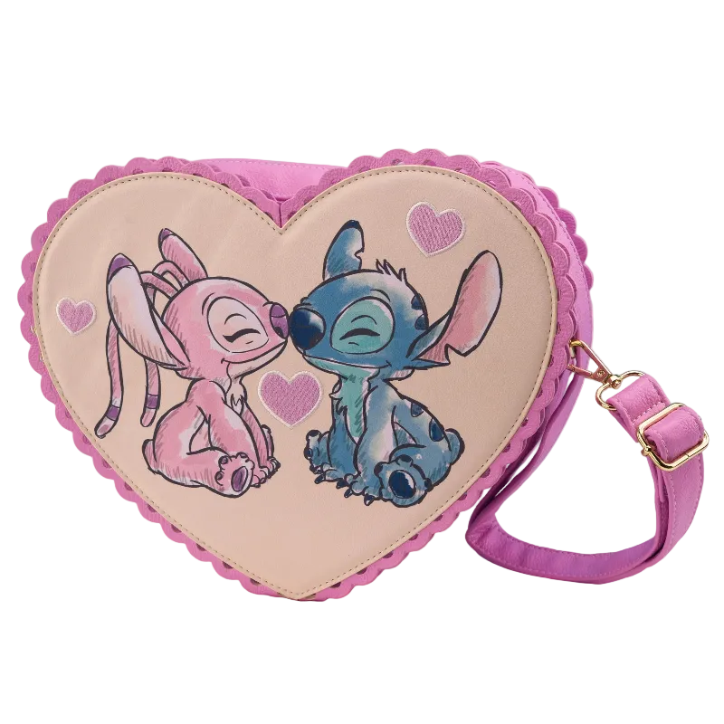 Heart-shaped bag with cartoon characters on a pink background