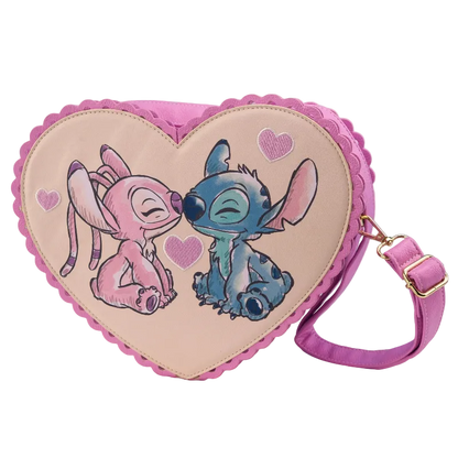 Heart-shaped bag with cartoon characters on a pink background